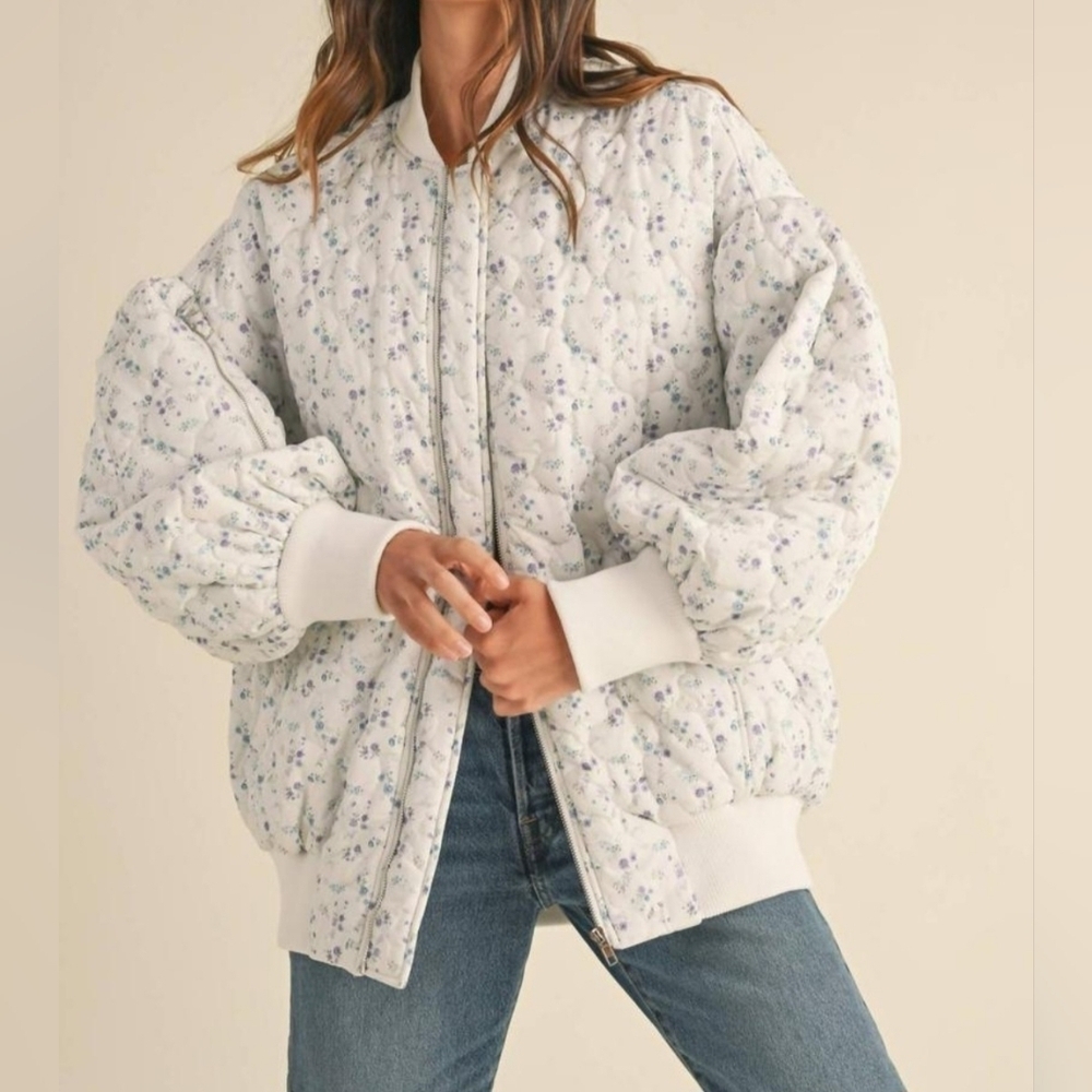Mable Quilted Floral Oversized Bomber Jacket size Large